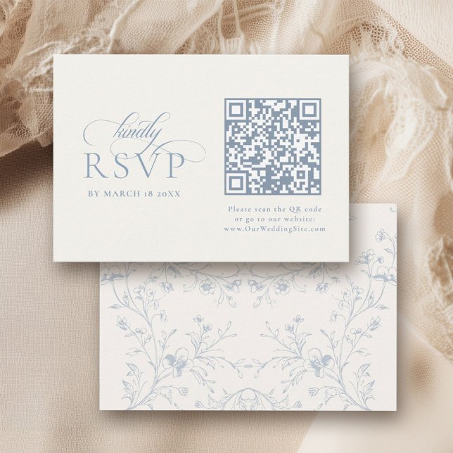 Cartão RSVP Blue Floral Romantic Calligraphy with QR Code (Criador carregado)