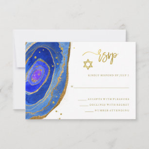 Cartão RSVP Blue Geode com Dourado Bat Mitzvah ou Bar Mitzvah