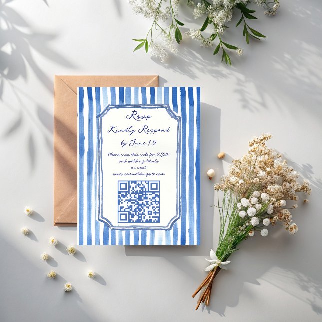 Cartão RSVP Blue hand drawn vintage stripes wedding (Blue hand drawn stripes hand written vintage wedding invitation QR RSVP cards)