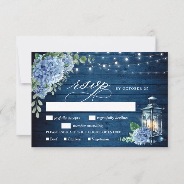 Cartão RSVP Blue Hydrangea Lanterna Wood Wedn Rustic (Frente)