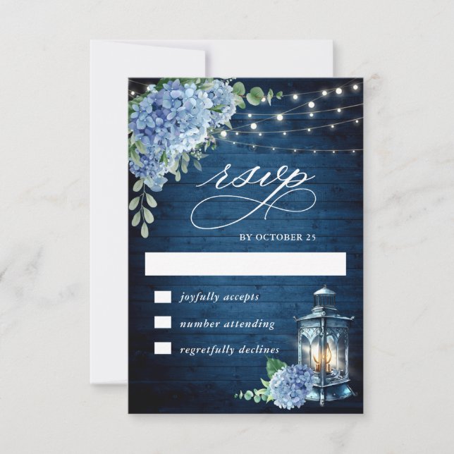 Cartão RSVP Blue Hydrangea Lanterna Wood Wedn Rustic (Frente)