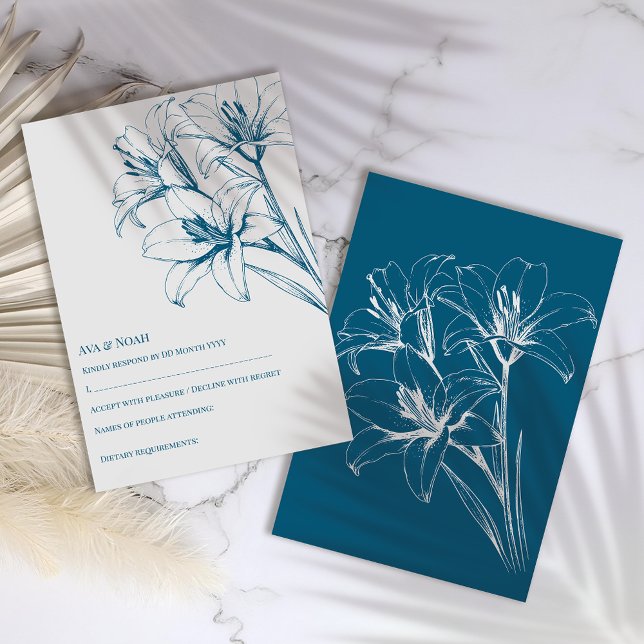 Cartão RSVP Blue Lily Outline Wedding (Criador carregado)