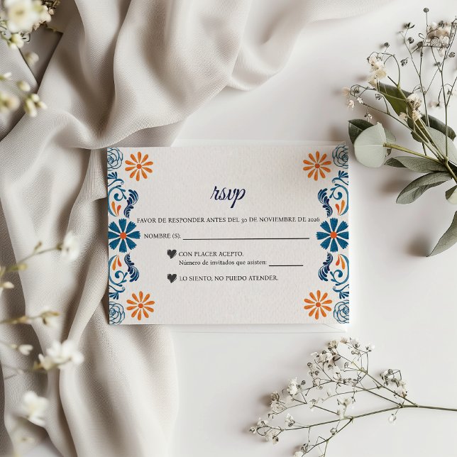 Cartão RSVP Blue Orange Floral Elegant Fiesta Spanish Wedding (Blue Orange Floral Elegant Fiesta Spanish Wedding RSVP Card)