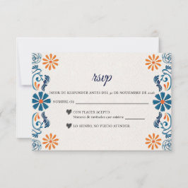 Cartão RSVP Blue Orange Floral Elegant Fiesta Spanish Wedding