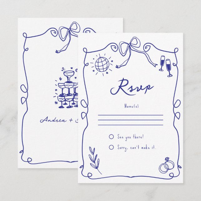 Cartão RSVP Blue Quirky Whimsical Quirky Hand desenhou Casamen (Frente/Verso)