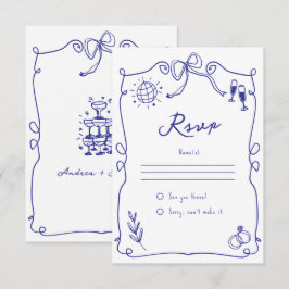 Cartão RSVP Blue Quirky Whimsical Quirky Hand desenhou Casamen