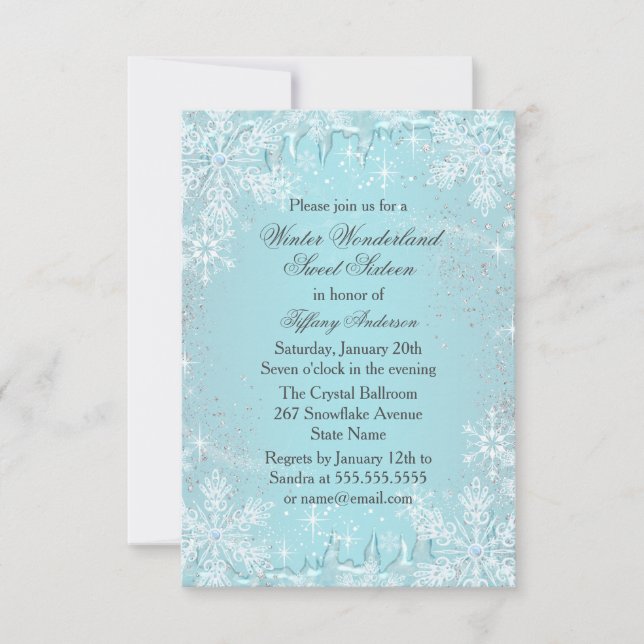 Cartão RSVP Blue Snowflake Winter Wonderland Sweet 16 Invite (Frente)