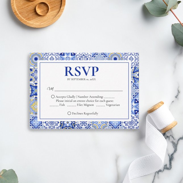 Cartão RSVP Blue Talavera Fiesta: Um Casamento Mexicano Espanh (Criador carregado)