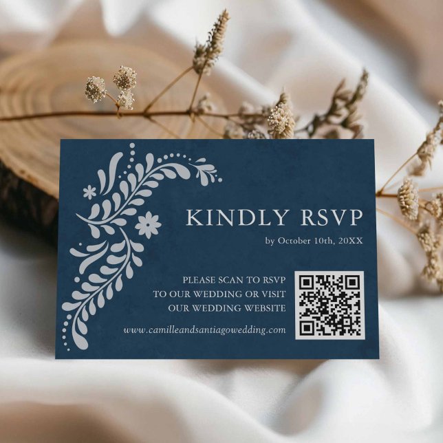 Cartão RSVP Blue Talavera Mexicano Código QR (Blue Talavera Mexican Wedding RSVP card)