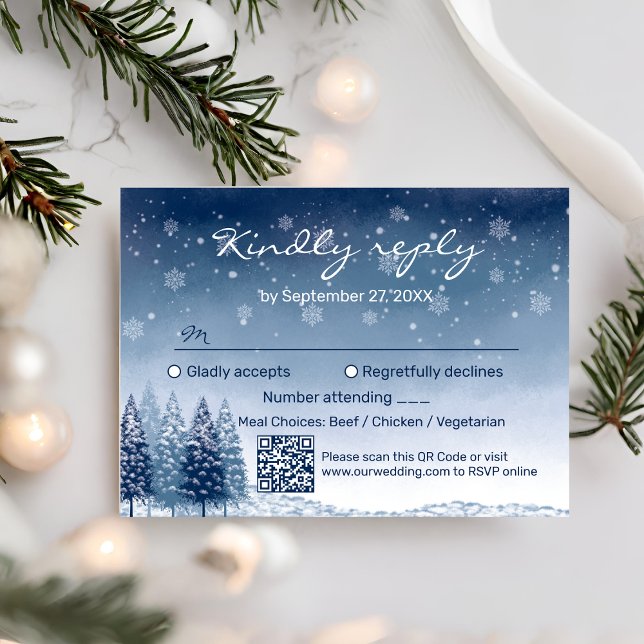 Cartão RSVP Blue Winter Wonderland Código QR Casamento (Criador carregado)