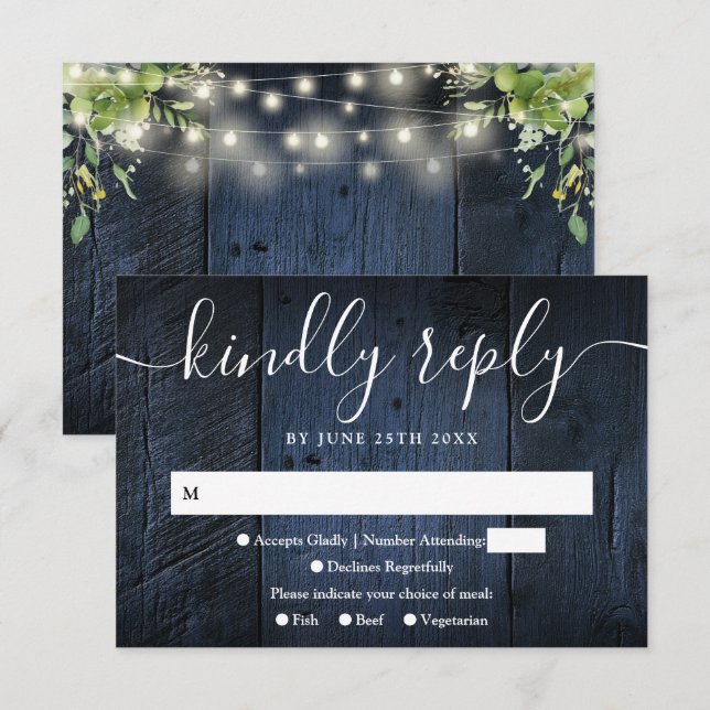 Cartão RSVP Blue Wood String Luz Verde Boho Casamento (Frente/Verso)