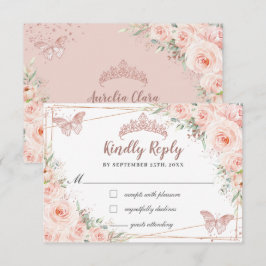 Cartão RSVP Blush Floral Rosa Dourada Borboleta Quinceañera Re