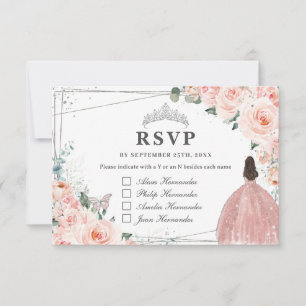 Cartão RSVP Blush Floral Silver QUINCEAÑERA Responder Nomes de
