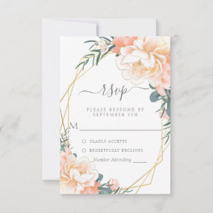 Cartão RSVP Blush Peach Cream Dourado Casamento Floral Verde d
