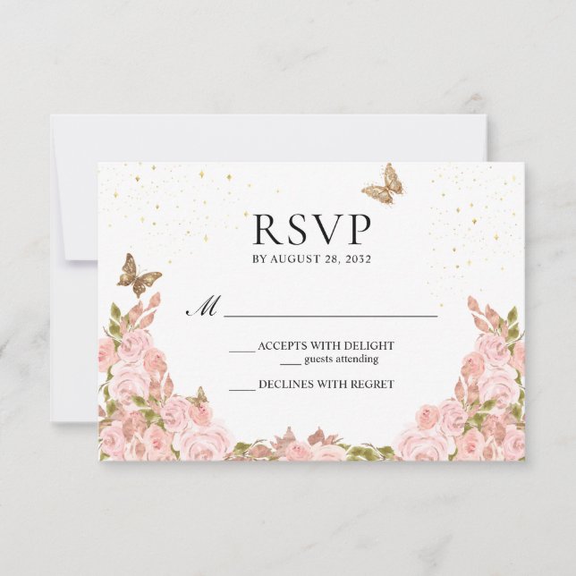 Cartão RSVP Blush Pink Floral Gold Butterfly Quinceanera (Frente)