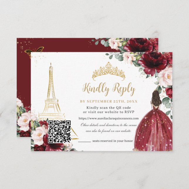 Cartão RSVP Blush Pink Floral Gold Paris Quinceañera QR Code (Frente/Verso)