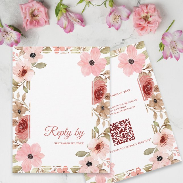 Cartão RSVP Blush Pink Floral QR Code Wedding Reply By (Blush Pink Floral QR Code Wedding Reply By RSVP Card)