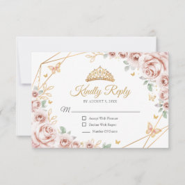 Cartão RSVP Blush Pink Gold Floral Quinceanera Reply