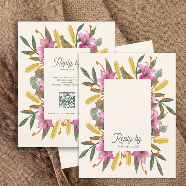 Cartão RSVP Blush Pink Lily QR Code Botanical Floral Wedding (Blush Pink Lily Botanical Wedding RSVP Card with QR Code | Romantic Watercolor Floral Response Card)