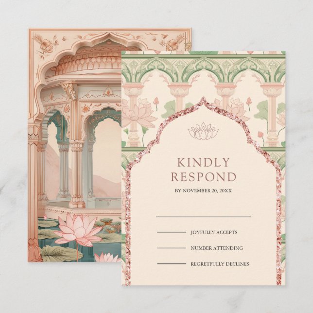 Cartão RSVP Blush Pink Mint Green Lotus Garden Indian Wedding (Frente/Verso)