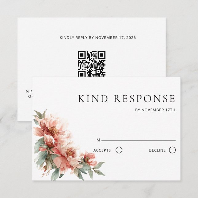 Cartão RSVP Blush Pink Peony Coral Red QR Code Wedding  (Frente/Verso)