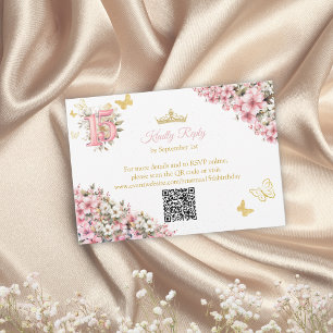 Cartão RSVP Blush Rosa Dourado Floral Borboletas Quinceañera