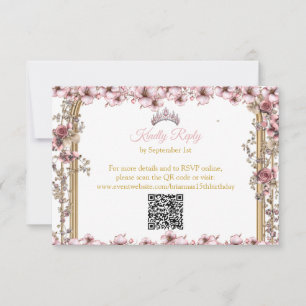Cartão RSVP Blush Rosa e Dourado Floral Quinceañera