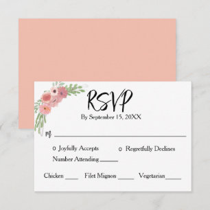 Cartão RSVP Blush Rosa Floral Moderno Script Casamento