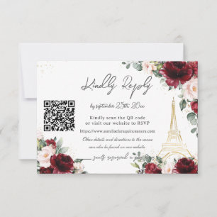 Cartão RSVP Blush Rosa Floral Paris Eiffel Quinceañera QR 