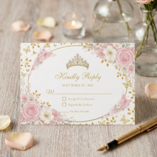 Cartão RSVP Blush Rosa Quinceañera Borboleta Dourada 