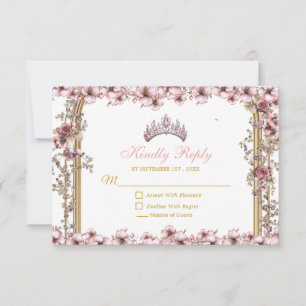 Cartão RSVP Blush Rosa Tiara Floral Quinceañera