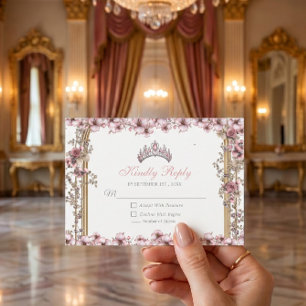 Cartão RSVP Blush Rosa Tiara Floral Quinceañera