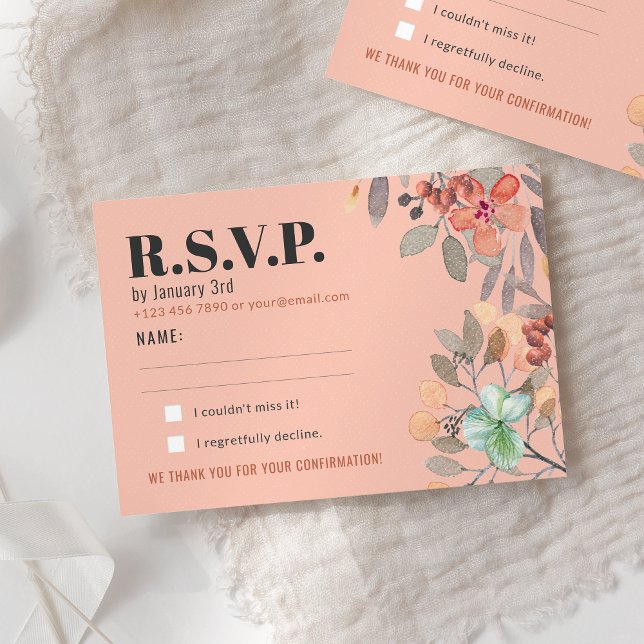 Cartão RSVP Blush Watercolor Floral Elegant Glam Casamento (Criador carregado)