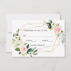 Cartão RSVP Blush White Bloom Dourado Frame Floral Casamento R