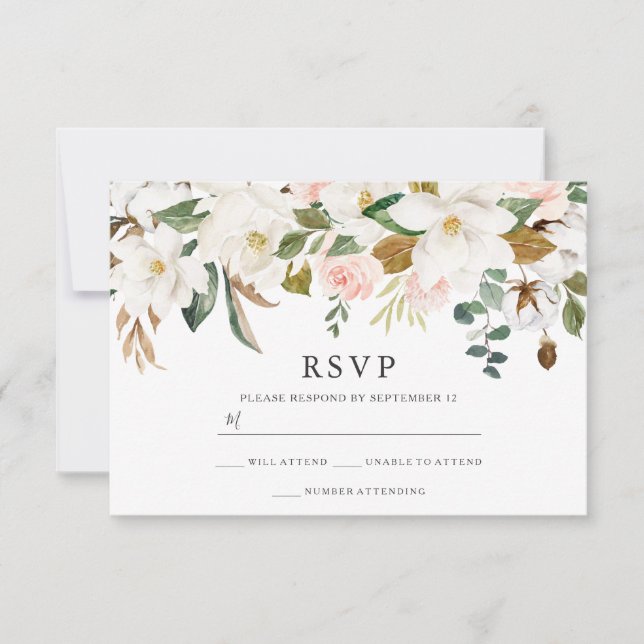 Cartão RSVP Blush & White Florals Elegante Casamento Moderno (Frente)