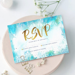 Cartão RSVP B'nai Mitzvah moderno dourado turquesa aquarela