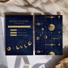 Cartão RSVP Bodas das Fases da Lua Crescente Dourada Azul Cele