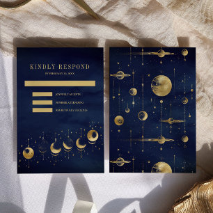 Cartão RSVP Bodas das Fases da Lua Crescente Dourada Azul Cele