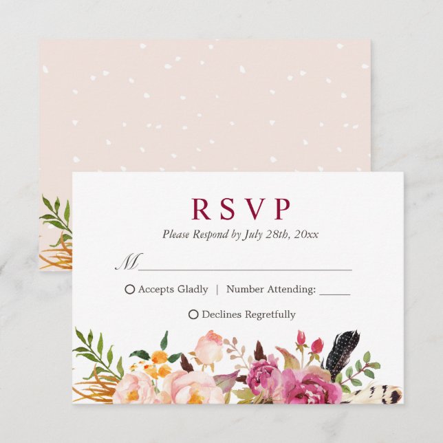 Cartão RSVP Bohemian Feather Rustic Floral Boho (Frente/Verso)
