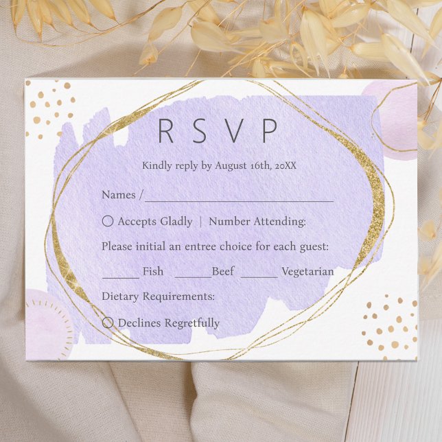 Cartão RSVP Boho Abstrato Watercolor Casamento Púrpura (Criador carregado)