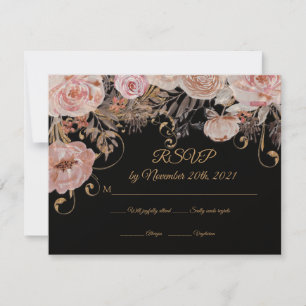 Cartão RSVP Boho Black Floral Rosa Rosa Dourado Personalizado