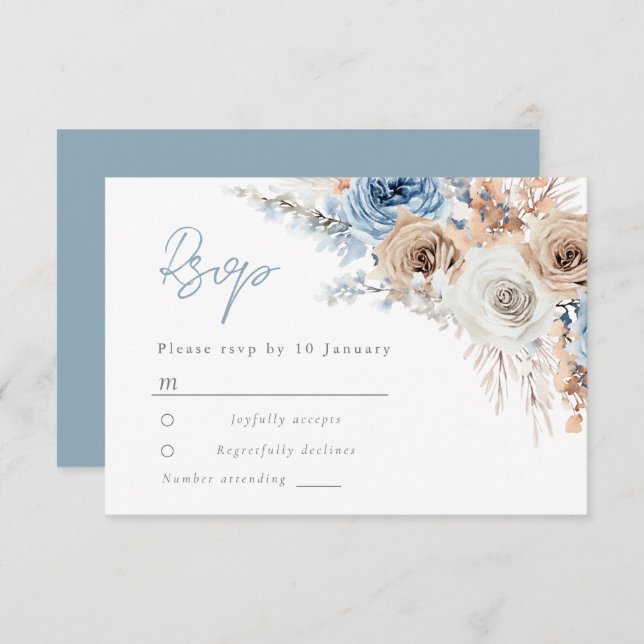 Cartão RSVP Boho Blue: Casamento Floral Boêmia Azul Dusty (Frente/Verso)