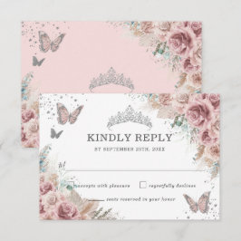 Cartão RSVP Boho Blush Dusty Rosa Floral Pampas Quinceañera