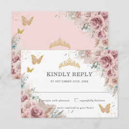 Cartão RSVP Boho Blush Dusty Rosa Floral Pampas Quinceanera