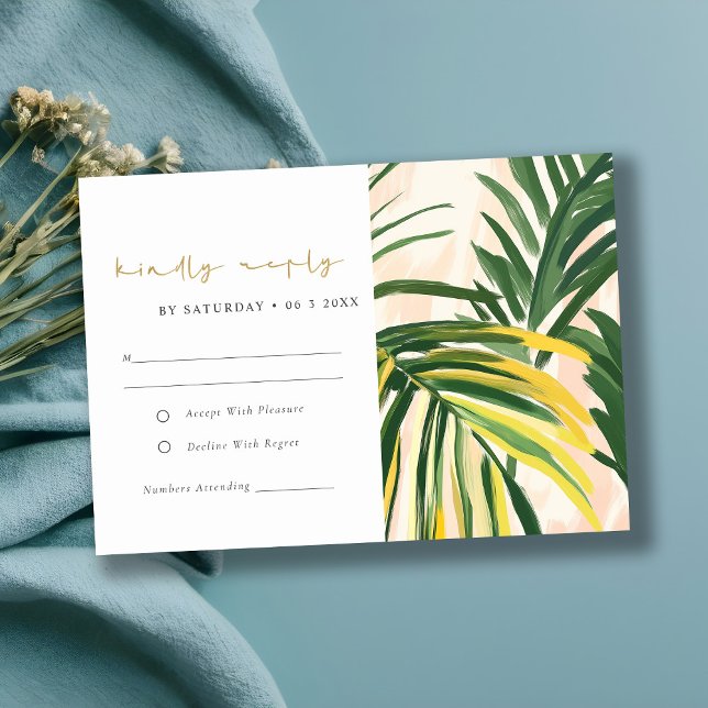 Cartão RSVP Boho Blush Green Palm Beach Casamento (Criador carregado)