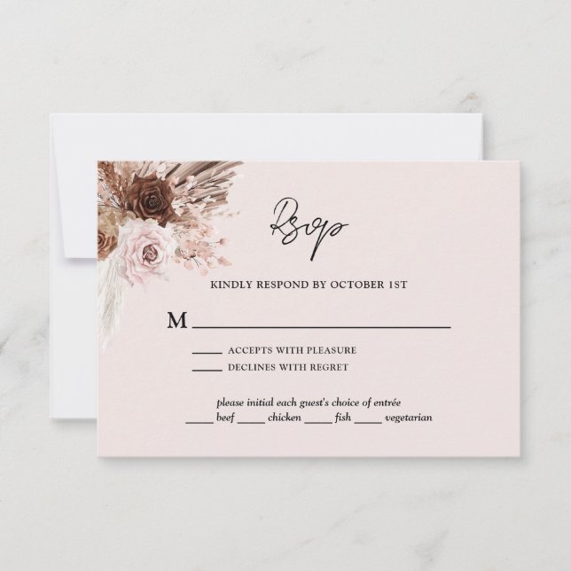 Cartão RSVP Boho Blush Pampas Rosa Casamento Floral (Frente)