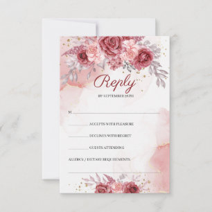Cartão RSVP Boho Blush Rosas Flores Douradas Casamento  