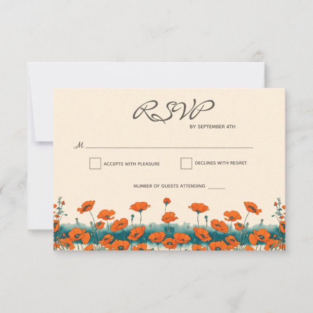 Cartão RSVP Boho Bohemian Rustic Floral Poppies Casamento (Frente)