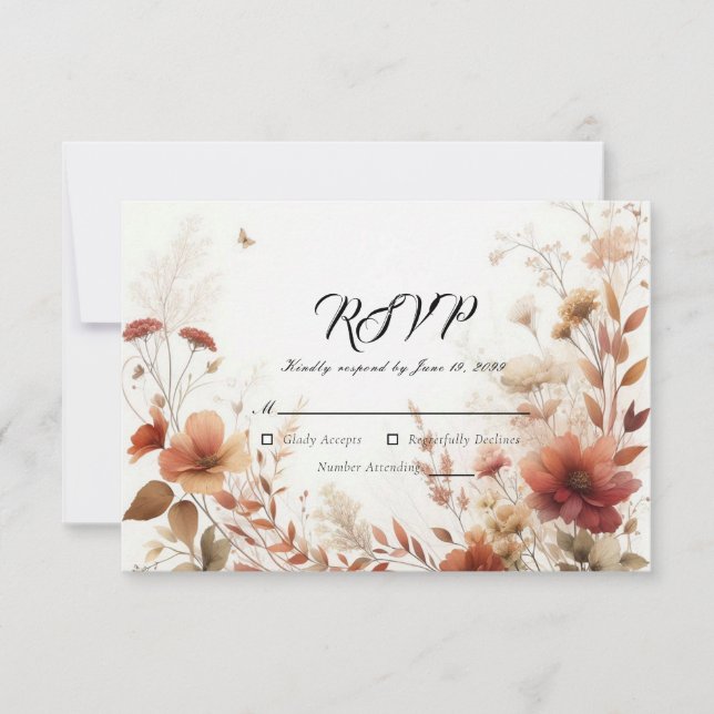 Cartão RSVP Boho Browns with Butterflies Floral Wedding (Frente)