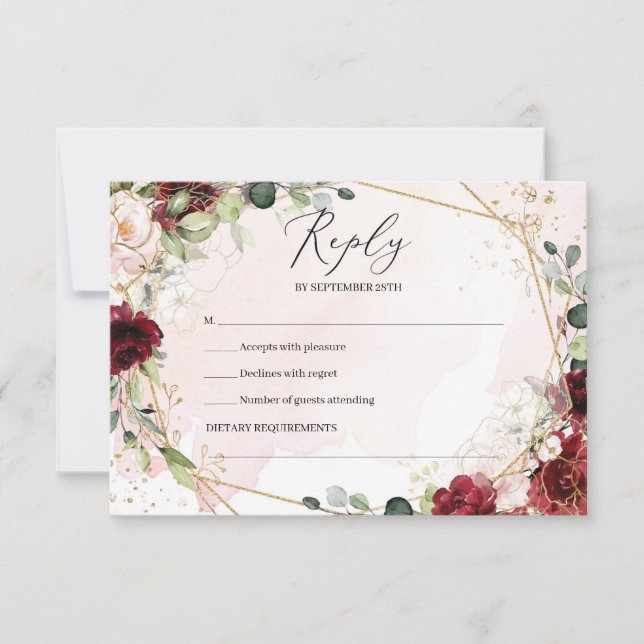 Cartão RSVP Boho burgundy, casamento geométrico de ouro floral (Frente)
